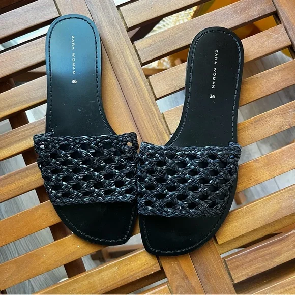 Zara Black Cane Braided Slide Sandals , Sz 5.5-6, boho, minimalist , casual - Picture 2 of 3